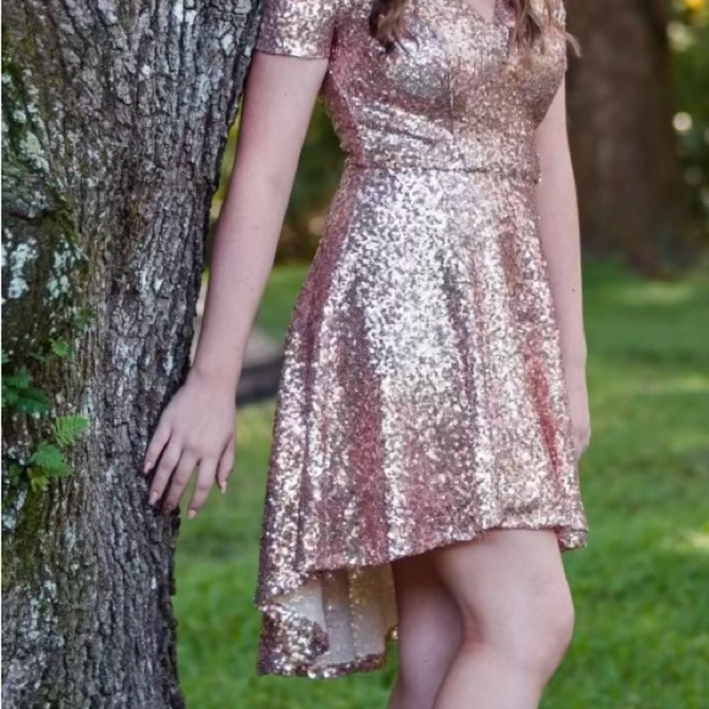 Sparkling Sequin Rose Gold juniors High-Low Dress